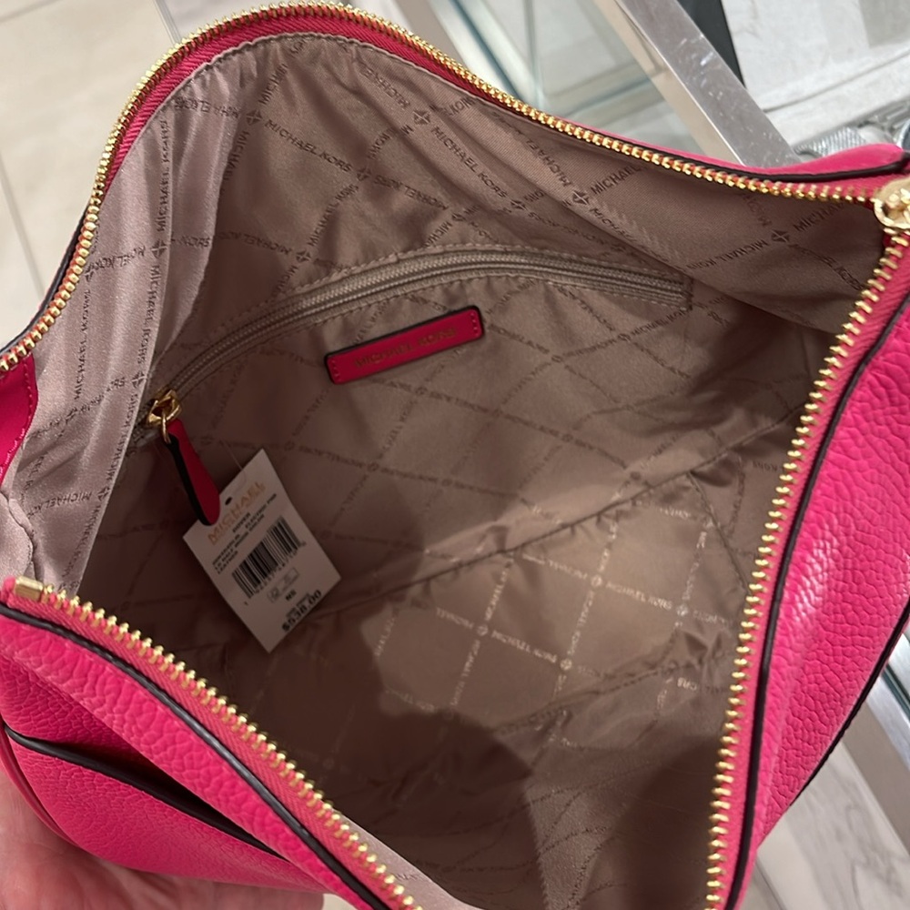 Michael Kors Dover Large Leather Top Zip Half Moon Shoulder Bag in Electric Pink - Picture 10 of 16